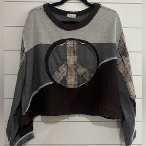 POL Women's Patchwork Peace Sweater - Gray and Brown